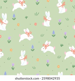 Bunnies with Bows and Flowers Seamless Pattern