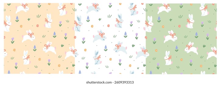 Bunnies with Bows and Flowers Seamless Pattern	 Set