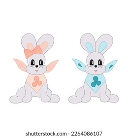 Bunnies boy and girl. Blue and orange Vector illustration of baby rabbits, hares in doodle style.