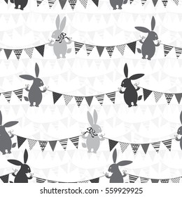 Bunnies and bunting. Monochrome vector seamless pattern.