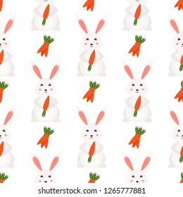 Bunnies with carrots seamless pattern, vector illustration.
