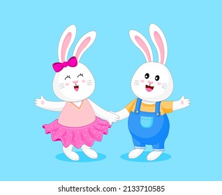Bunnies cartoon character boy and girl. Cute cartoon for easter. vector illustration.