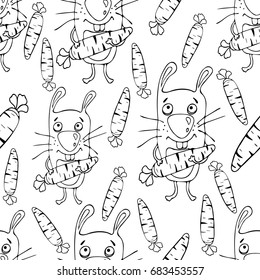 Bunnies cartoon seamless pattern, coloring book, sketch, hand drawing, vector background. Funny painted rabbit with a carrot in the paws on a white backdrop. For fabric design, wallpaper, prints