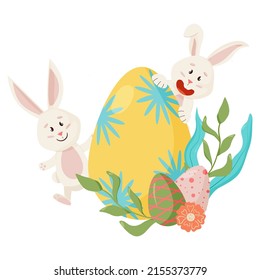 Bunnies Character. Peeks out from Eggs, Carrot. Funny, Happy Easter Rabbits with Floral, Flower.