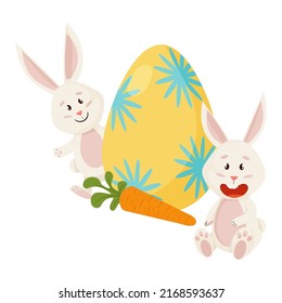 Bunnies Character. Peeks out from Eggs, Carrot. Funny, Happy Easter Rabbits.