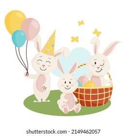 Bunnies Character. Sitting on grass and Laughing Funny, Happy Easter Cartoon Rabbits with Eggs, Basket, Clouds, Butterfly and Balloons