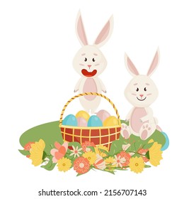 Bunnies Character. Sitting on grass and Laughing Funny, Happy Easter Cartoon Rabbits with Eggs, Basket and Flowers