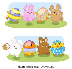 Bunnies with chick friends disguised as easter eggs dancing in a garden (two kawaii illustrations)
