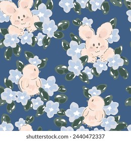 Bunnies and chickens on a fluffy flowerbed capturing the spirit of Easter and spring in blue,cream,green. Great for homedecor,fabric,wallpaper,giftwrap,stationery,packaging design projects.