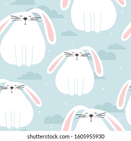 Bunnies and clouds hand drawn backdrop. Colorful seamless pattern with animals. Decorative cute wallpaper, good for printing. Overlapping background vector. Design illustration, rabbits