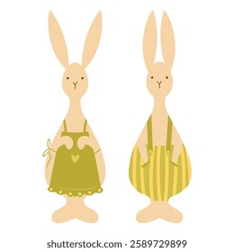 Bunnies couple, female and male bunny characters, hand drawn vector rabbit characters