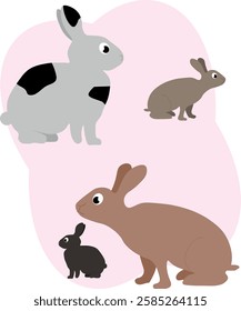 bunnies in different poses and colors, vector illustration