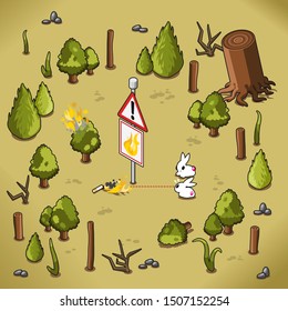 Bunnies discover burning cigarette in open nature causing a wildfire close to a fire danger sign (isometric vector)