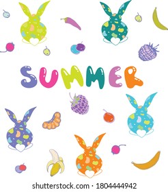 Bunnies with ears and a tail. Bananas, berries, lettering. Vector illustration for banners, cards, invitations, children's parties, parties, Easter.