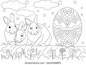 Coelhinhos com uma Página de Coloração de Ovo de Páscoa, Três coelhinhos bonitos sentam-se em um campo gramado com flores ao lado de um grande ovo de Páscoa decorado. Ilustração de contorno simples para uma página colorida, representando um