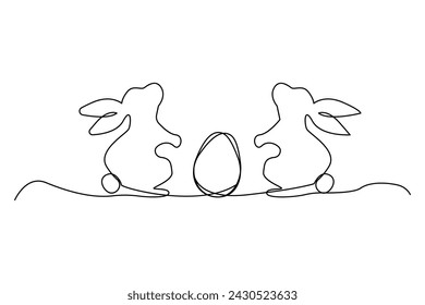 Bunnies with Easter egg. Simple line illustration. Spring celebration symbol. Vector illustration. EPS 10.