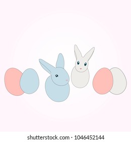 Bunnies and Easter eggs around them as Happy Easter logotype, badge, icon. Blue and white Rabbits. Easter bunny. Drawn spring celebration postcard, greeting card, invitation, poster, banner template.