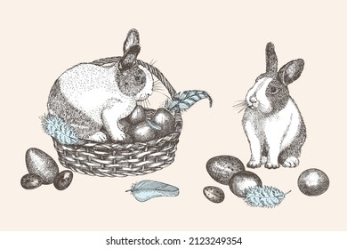 Cesta de huevos de Pascua y conejo. Pájaros plumas. Estilo vintage grabado. Tarjeta de felicitación. Diseño de decoración de conejo de arte de línea. Feliz banner folclórico de vacaciones. Ilustración de Hoppity Hop Vector.