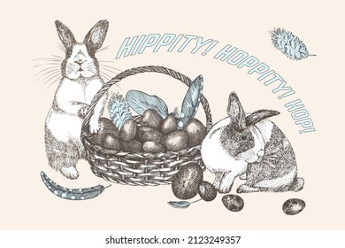 Bunnies and Easter eggs basket. Birds Feathers. Engraved vintage style. Greeting card. Line art ester rabbit Decoration design. Happy holiday folkstyle banner. Hippity Hoppity Hop Vector illustration.