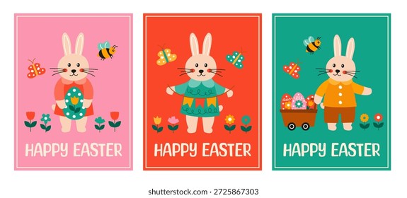Conejitos con huevos de Pascua y flores en fondos coloridos durante la temporada de primavera en un entorno festivo. Colección de tarjetas de Pascua feliz en estilo popular moderno dibujado a mano.