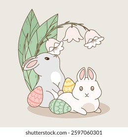 Bunnies with Easter eggs and flowers, cute spring vector illustration.