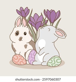 Bunnies with Easter eggs and flowers, cute spring vector illustration.