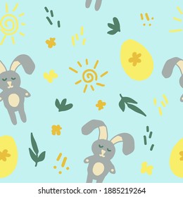 bunnies, easter eggs, leaves and doodle dashes seamless pattern in trending color 2021. vector hand drawn minimalism simple. wallpaper, textiles, wrapping paper. gold, yellow, green. child.