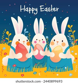 ¡Conejos, huevos y flores! Haz que tu día de Pascua sea brillante con este lindo póster vectorial que incluye conejitos entre coloridas flores y huevos. Añade algo de color a tu vida esta primavera