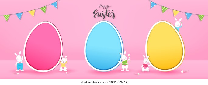 Bunnies with empty colorful eggs for adding your texts or pictures in pink banner background with Happy Easter text