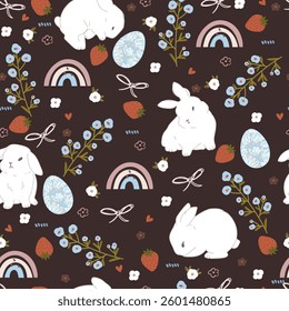 Bunnies, flowers and easter eggs on black background. Seamless pattern with cute animals and eggs for Easter.