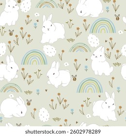Bunnies, flowers and easter eggs on light background. Seamless pattern with cute animals and eggs for Easter.