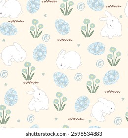 Bunnies, flowers and easter eggs. Seamless pattern with cute animals and eggs for Easter.