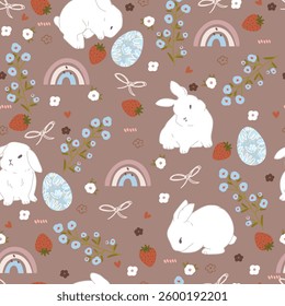 Bunnies, flowers and easter eggs. Seamless pattern with cute animals and eggs for Easter.