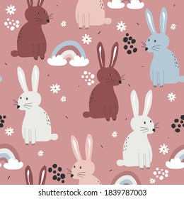 Bunnies and flowers, hand drawn backdrop. Colorful seamless pattern with animals. Decorative cute wallpaper, good for printing. Overlapping background vector. Design illustration, rabbits