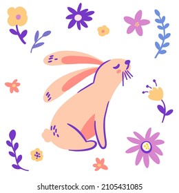 Bunnies flowers. Happy Easter. Greeting cards with rabbit and floral decor. Vector cartoon illustration.