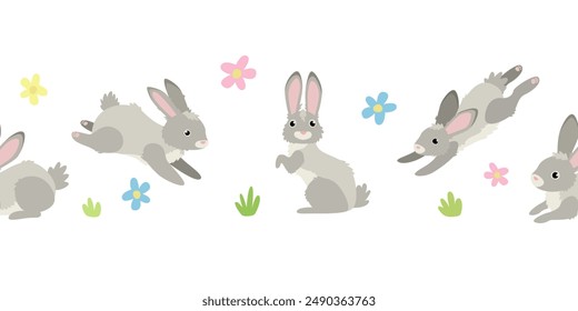 Bunnies with flowers seamless pattern. Jumping rabbits repeat border.	