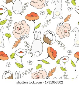 bunnies and flowers vector repeating pattern- tile seamless background- floral illustration roses- blooms easter theme