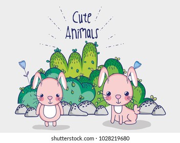 Bunnies in the forest doodle cartoons