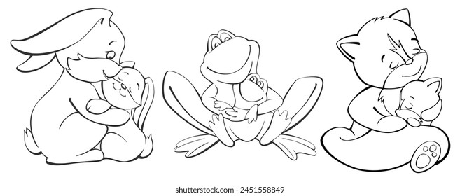 conejitos, ranas, zorros, un conjunto de ilustraciones de línea de Vector, animales forestales mamá y bebé, en estilo de dibujos animados, para colorear,