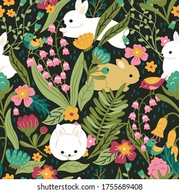 Bunnies in the garden repeat pattern. Nursery art background. Children's fabric pattern design. Children decoration background.