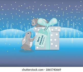 Bunnies with a gift box with a bow with the text Happy Christmas and new year, Christmas card, vector illustration, hare with a gift