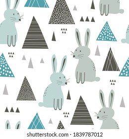 Bunnies, hand drawn backdrop. Colorful seamless pattern with animals. Decorative cute wallpaper, good for printing. Overlapping background vector. Design illustration, rabbits