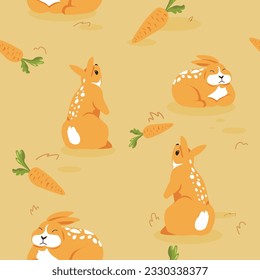 Bunnies and hares with long ears sitting and sleeping on field with carrots. Cute woodland animal characters with vegetables. Seamless pattern, background print or wallpaper. Vector in flat style