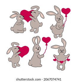 Bunnies with hearts are on white background. Vector illustration set.