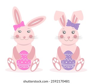Bunnies holding colorful easter eggs celebrating the joy of the holiday in a cheerful vector illustration