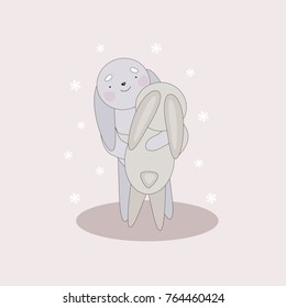 Bunnies hug each other under snowflakes on a pink background.Romantic illustration.Use for prints, Valentine's Day, children's decor, cards, birthday, baby shower, kindergarten, school.