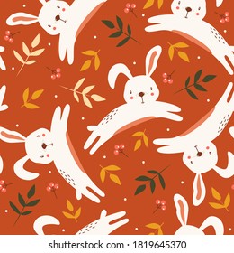 Bunnies, leaves, hand drawn backdrop. Colorful seamless pattern with animals. Decorative cute wallpaper, good for printing. Overlapping background vector. Design illustration, rabbits