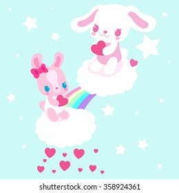 Bunnies in love boy and girl with hearts sitting on a rainbow. For Valentine's Day.