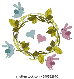 Bunnies in love and leaf wreath vector background 