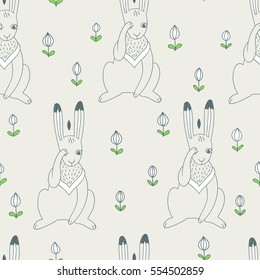 Bunnies in a meadow. Vector hand drawn texture. Seamless pattern